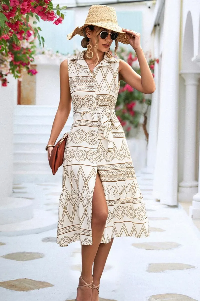 COLLARED PATTERN PRINTING WOMEN DRESS