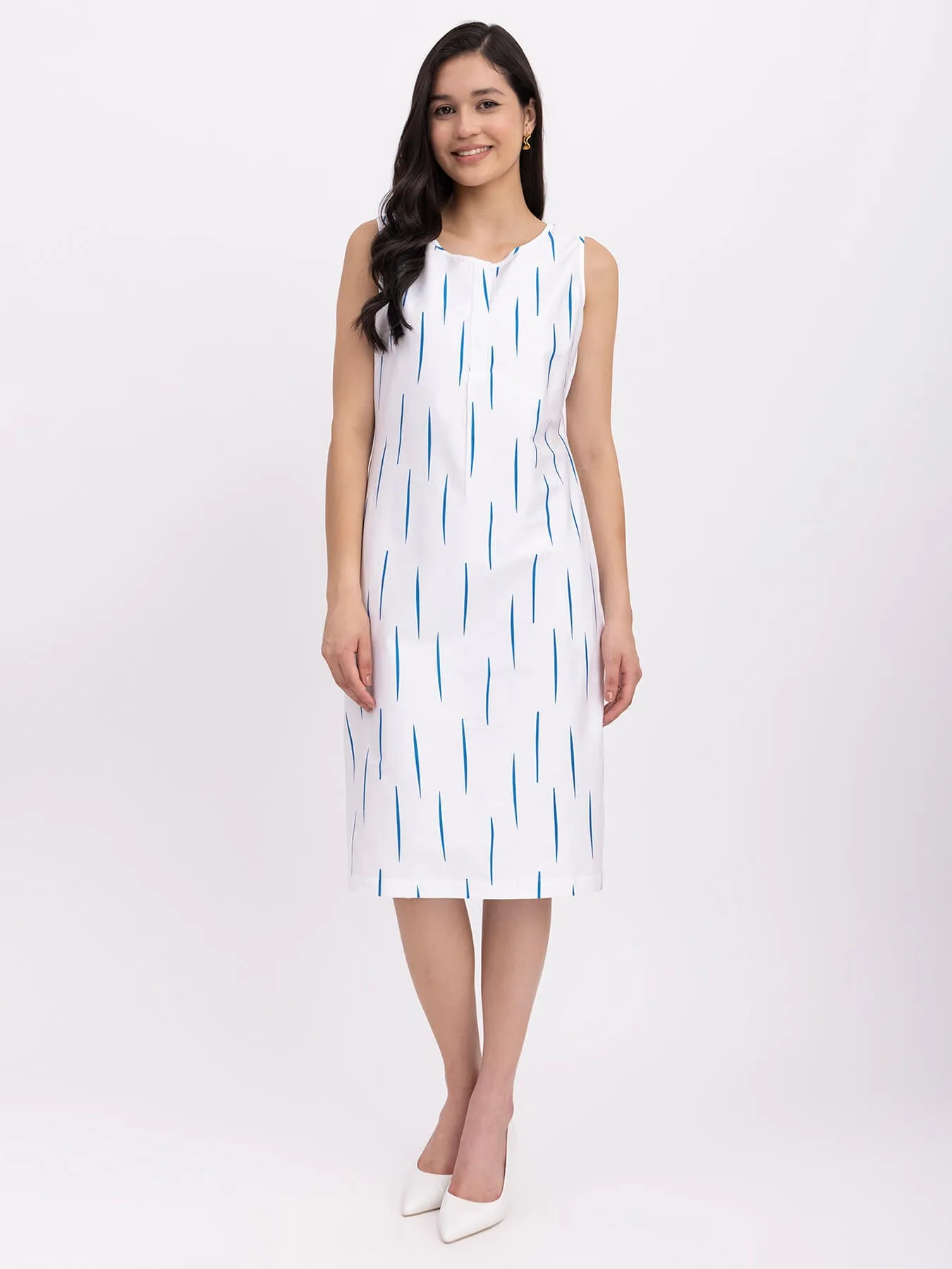 Cotton Geometric Print Shift Dress - White And Blue