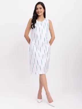 Cotton Geometric Print Shift Dress - White And Blue