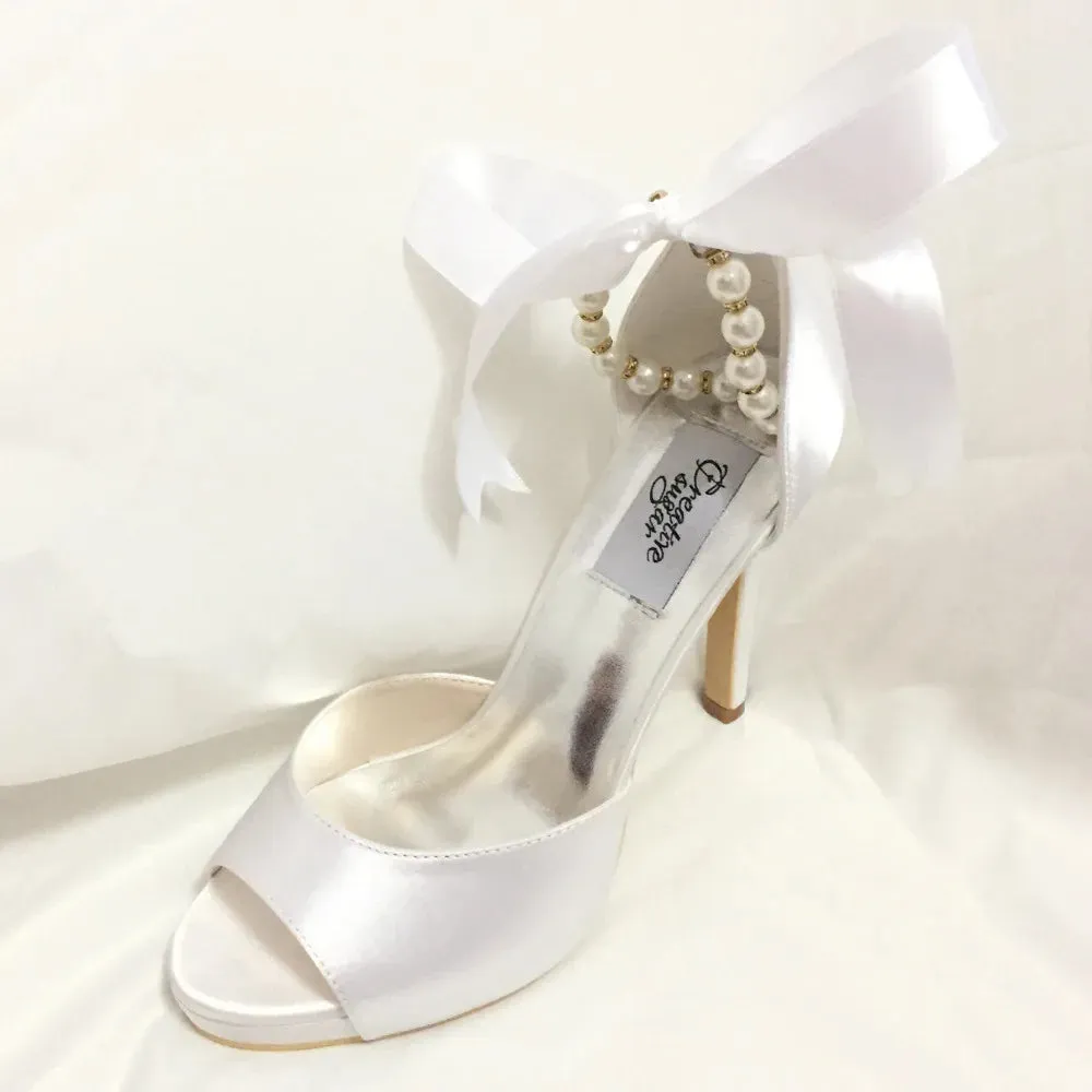 Creativesugar Pearl beads ankle strap ribbon bow open toe separate pumps lady satin evening dress shoes bridal wedding party