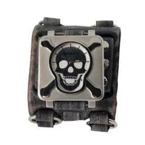 Cross Bones Skull Black Watch with Distressed Charcoal Leather Triple Strap Cuff VWB930S