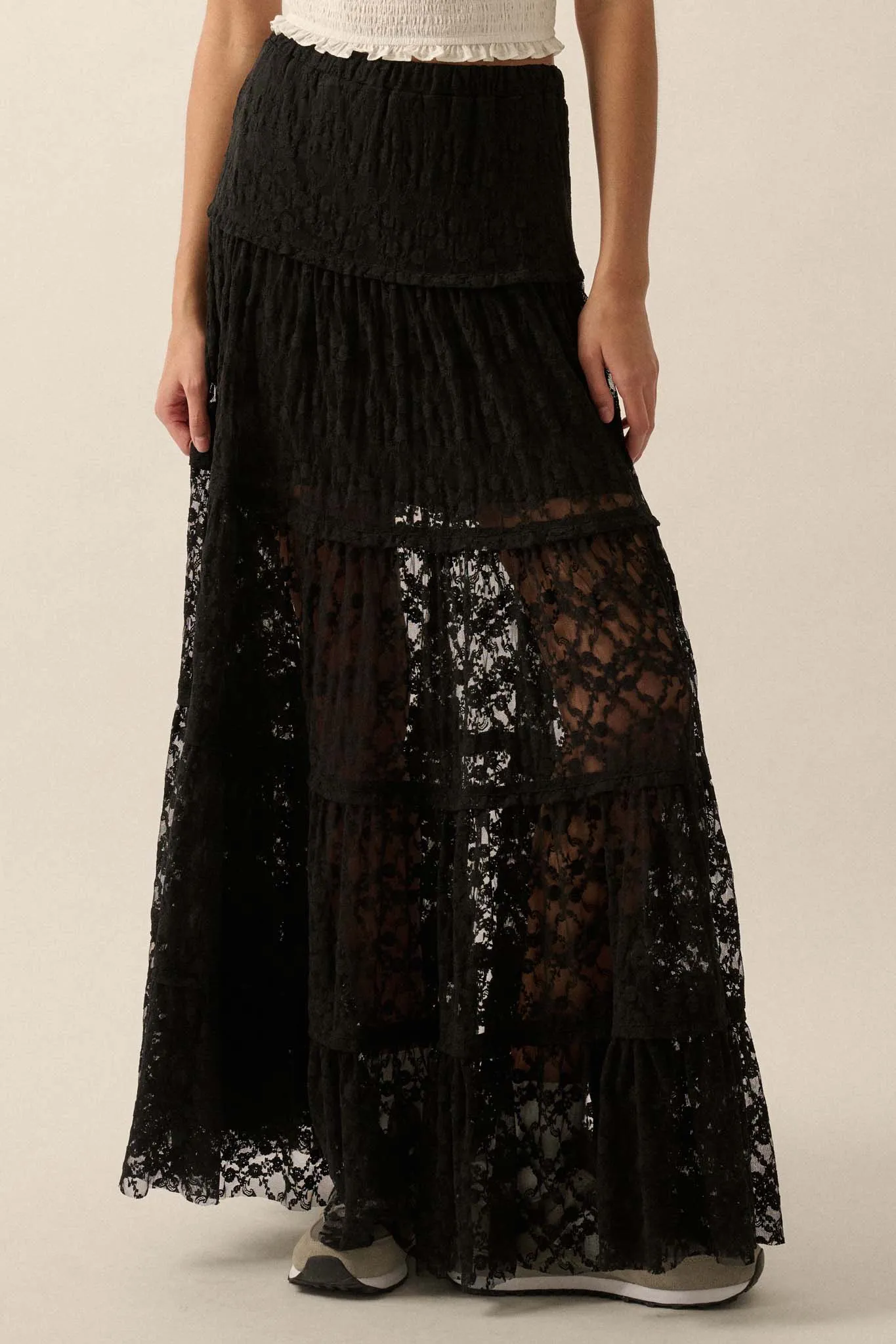 Delicate Dreams Floral Lace Tiered Maxi Skirt