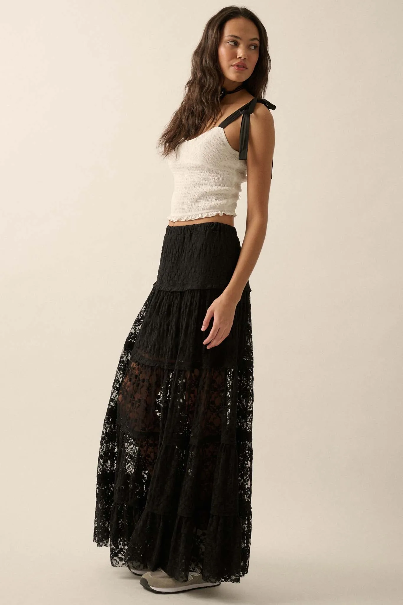 Delicate Dreams Floral Lace Tiered Maxi Skirt