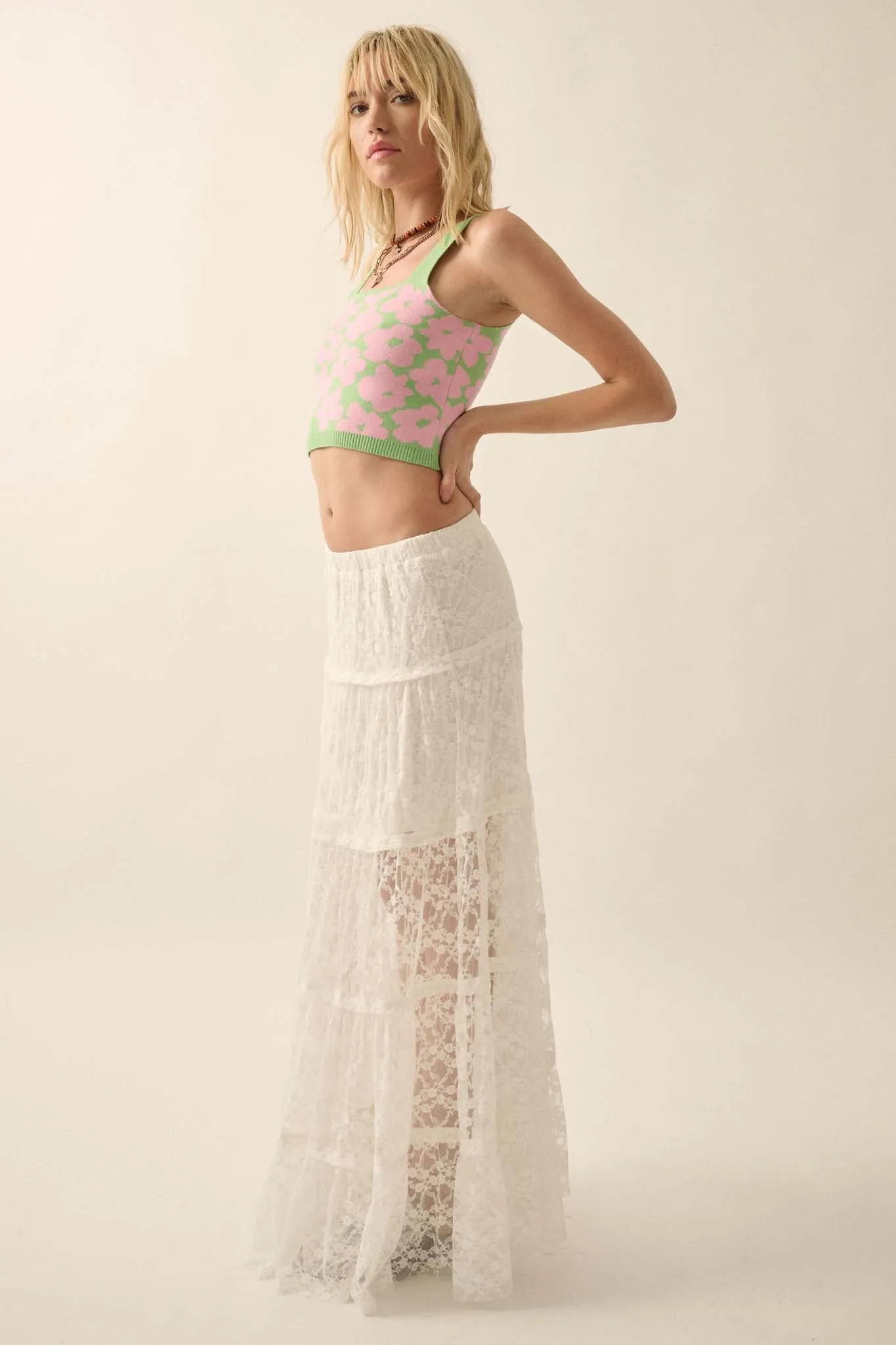 Delicate Dreams Floral Lace Tiered Maxi Skirt