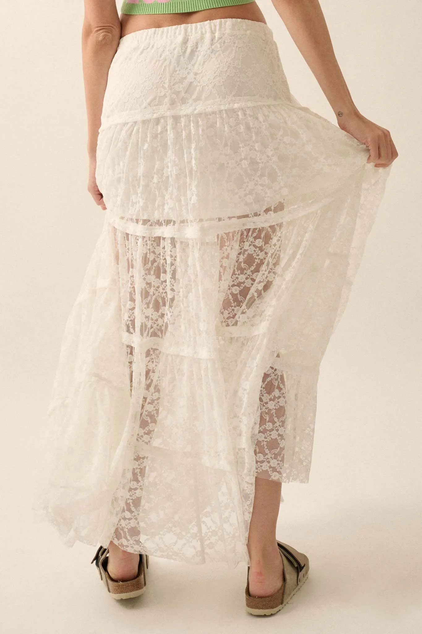 Delicate Dreams Floral Lace Tiered Maxi Skirt