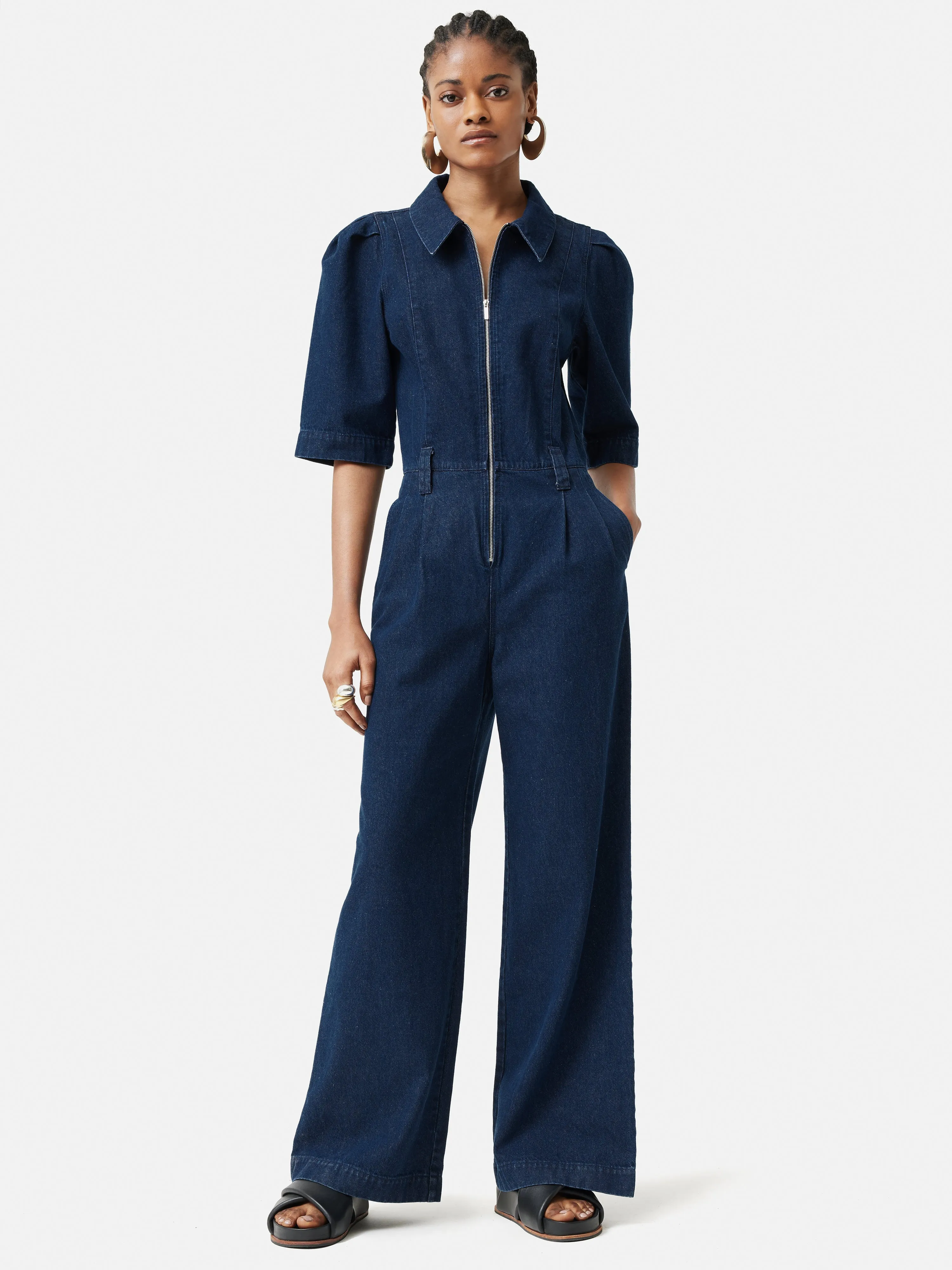 Denim Zip Front Jumpsuit | Indigo