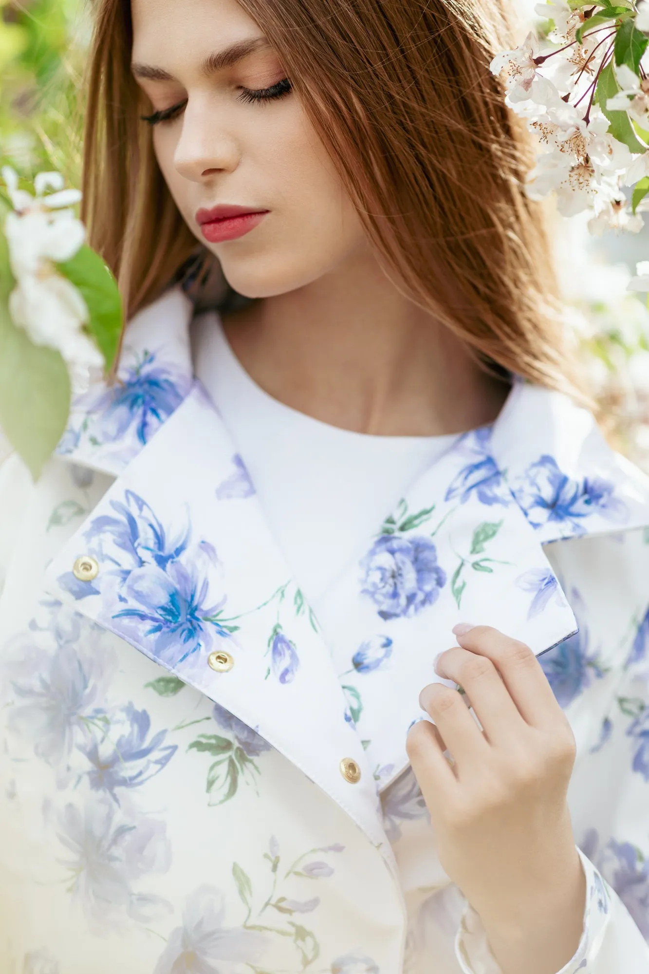 Double Breasted Jacket with Detachable Hood in White with Blue Flower Print | 'Blue Whisper'