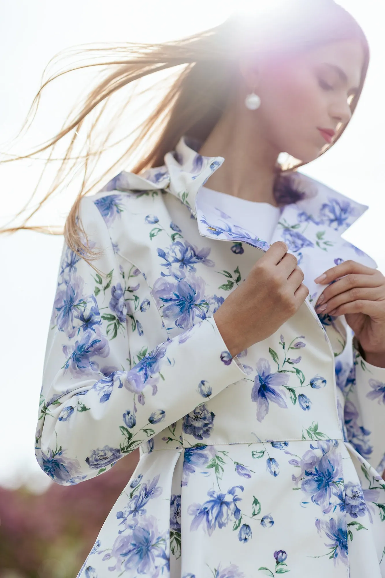 Double Breasted Jacket with Detachable Hood in White with Blue Flower Print | 'Blue Whisper'