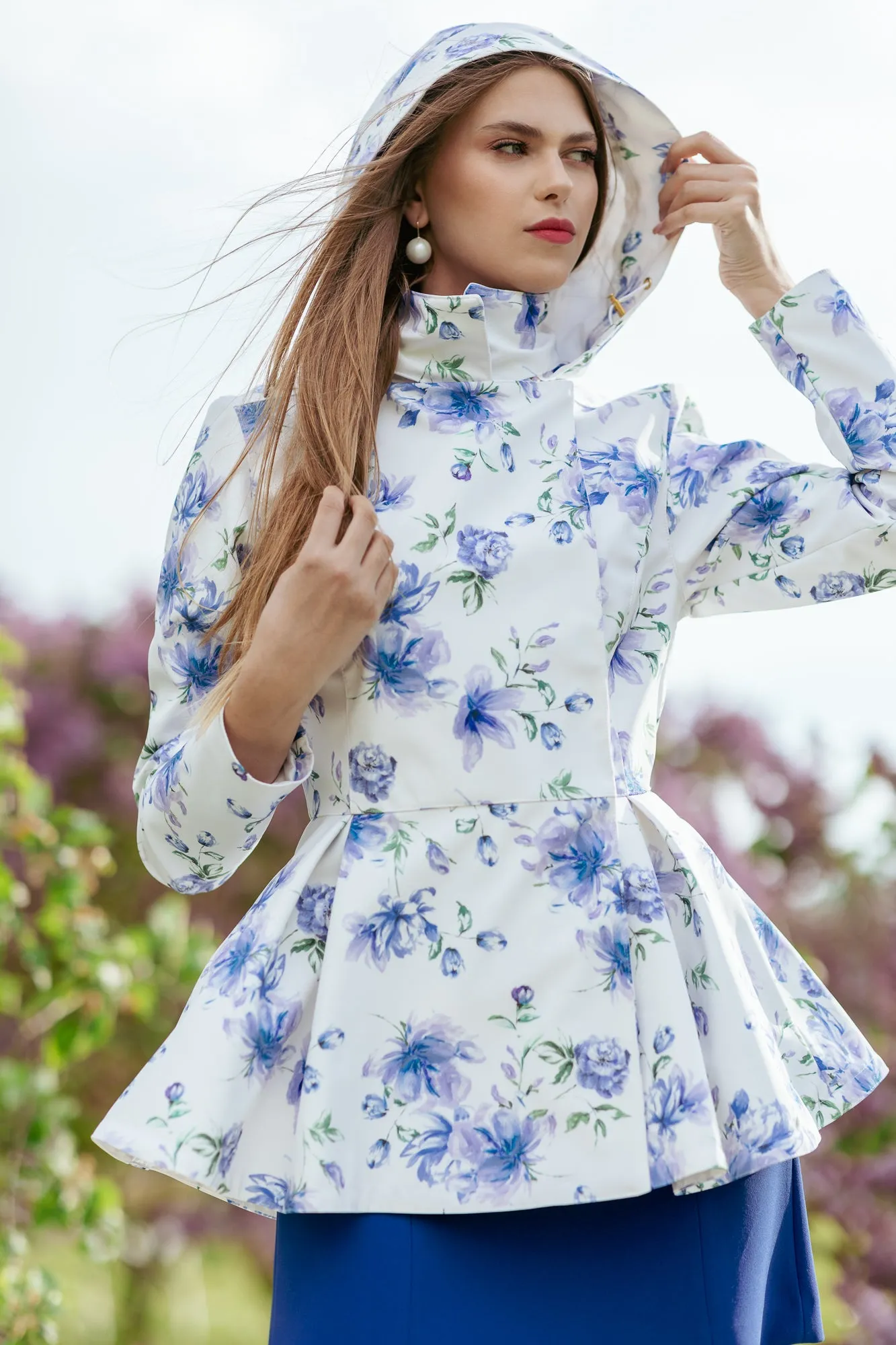 Double Breasted Jacket with Detachable Hood in White with Blue Flower Print | 'Blue Whisper'