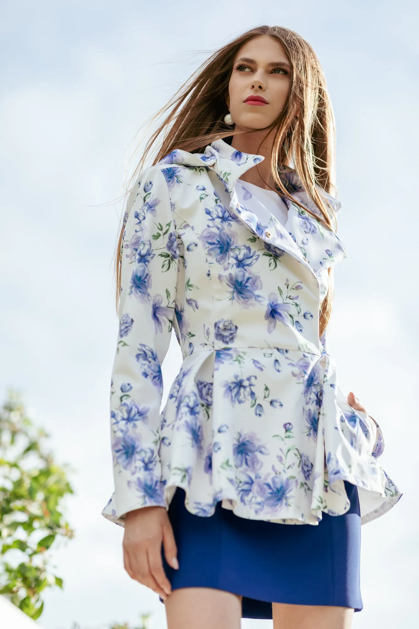 Double Breasted Jacket with Detachable Hood in White with Blue Flower Print | 'Blue Whisper'