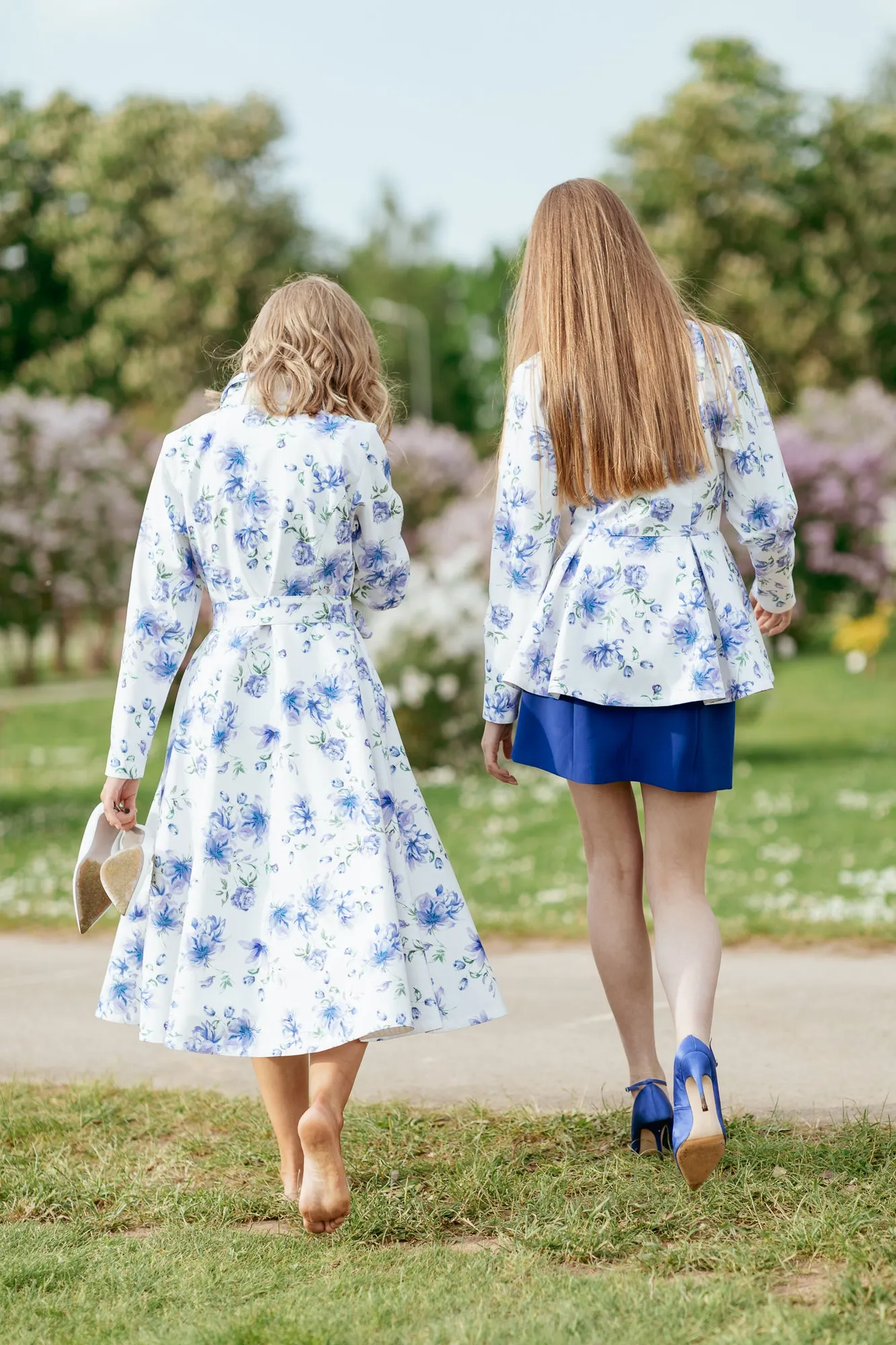 Double Breasted Jacket with Detachable Hood in White with Blue Flower Print | 'Blue Whisper'