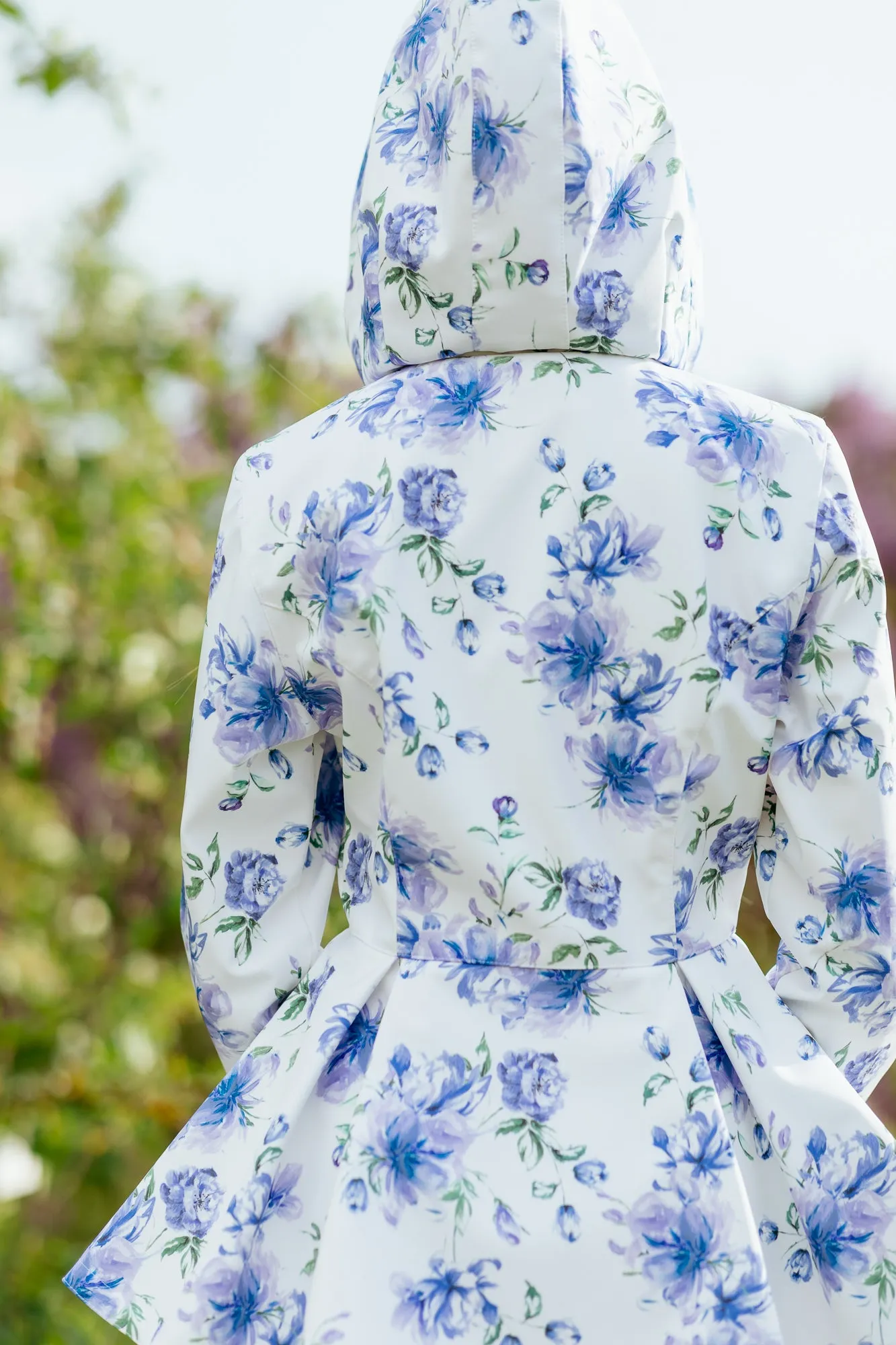 Double Breasted Jacket with Detachable Hood in White with Blue Flower Print | 'Blue Whisper'