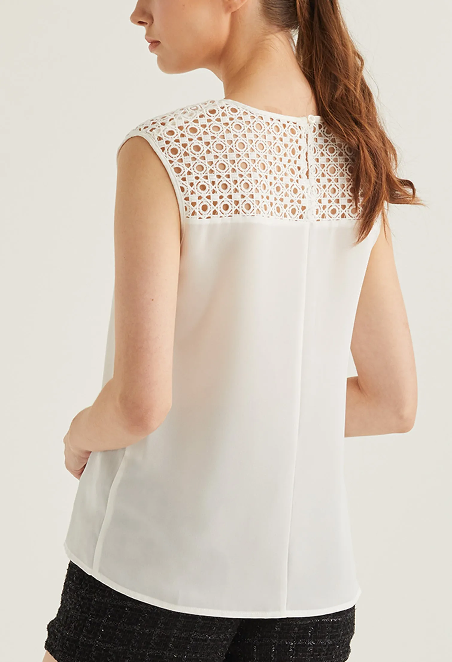 Eyelet Peek-A-Boo Shoulder Detail Sleeveless Blouse