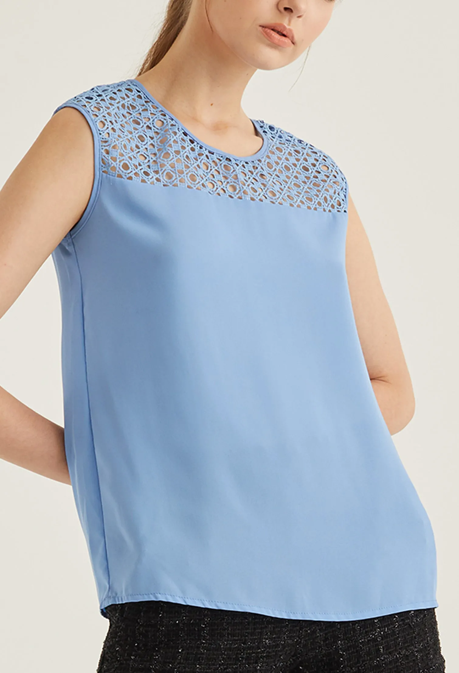 Eyelet Peek-A-Boo Shoulder Detail Sleeveless Blouse