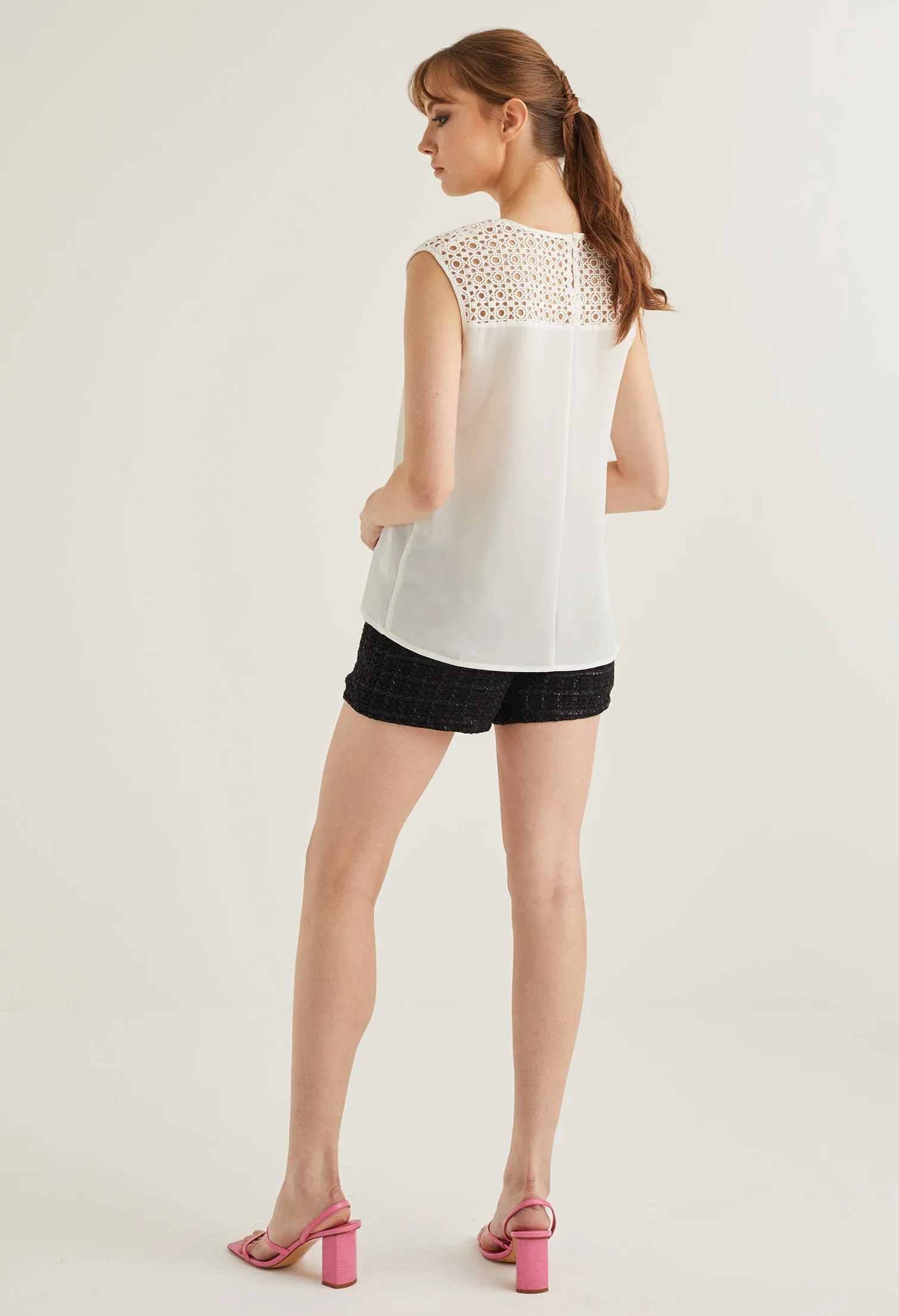 Eyelet Peek-A-Boo Shoulder Detail Sleeveless Blouse