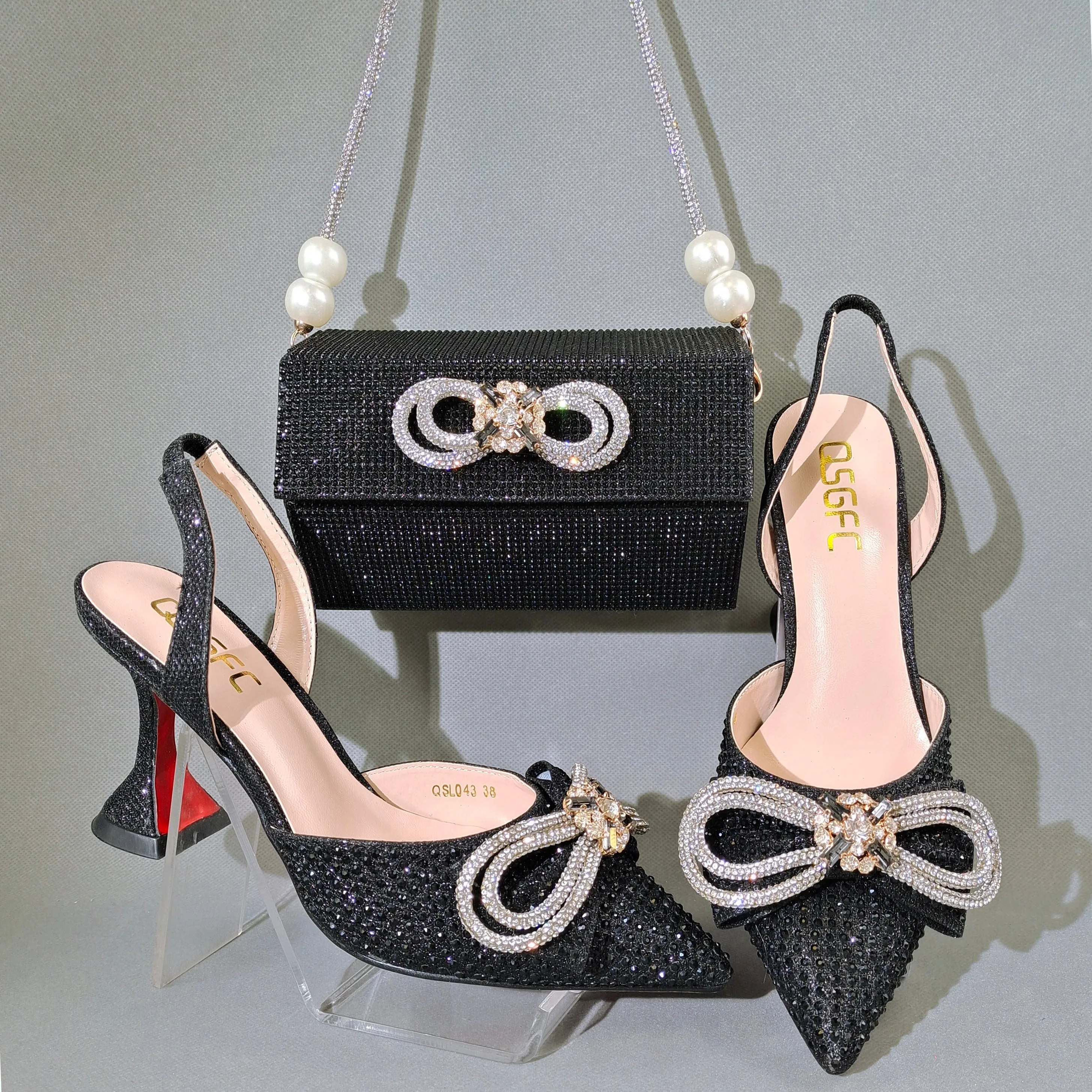 f diamonds and shiny shoes with bags,  BLACK