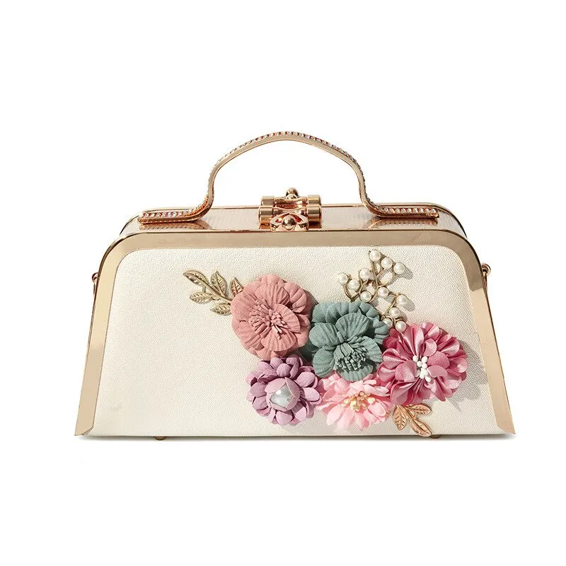 Fashion Women Evening Bag Flower Beaded Small Clutch Evening Bag With Chain Shoulder Handbags Leather Metal Handbag A786