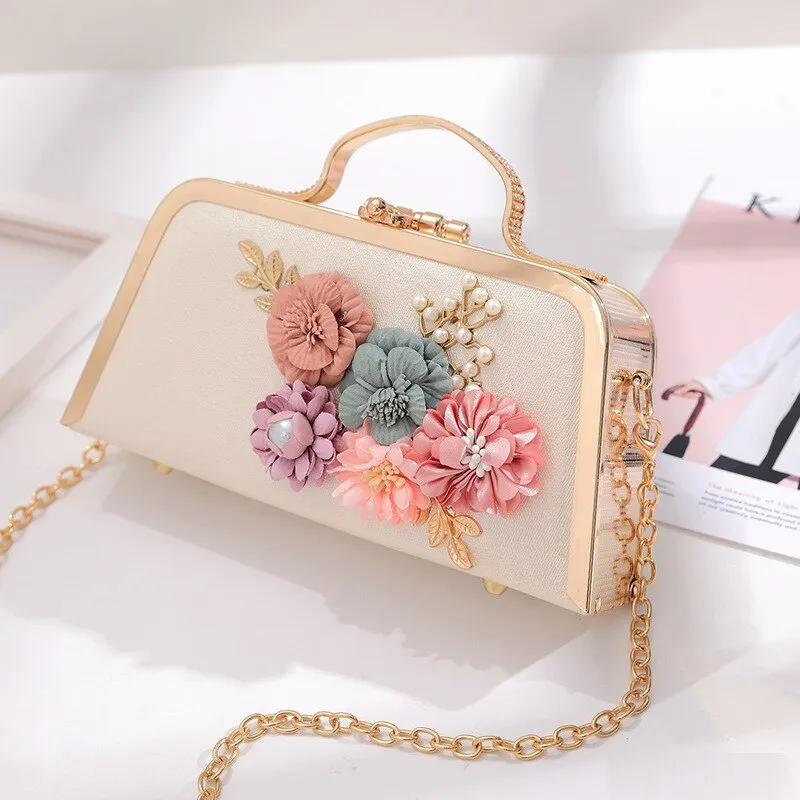 Fashion Women Evening Bag Flower Beaded Small Clutch Evening Bag With Chain Shoulder Handbags Leather Metal Handbag A786