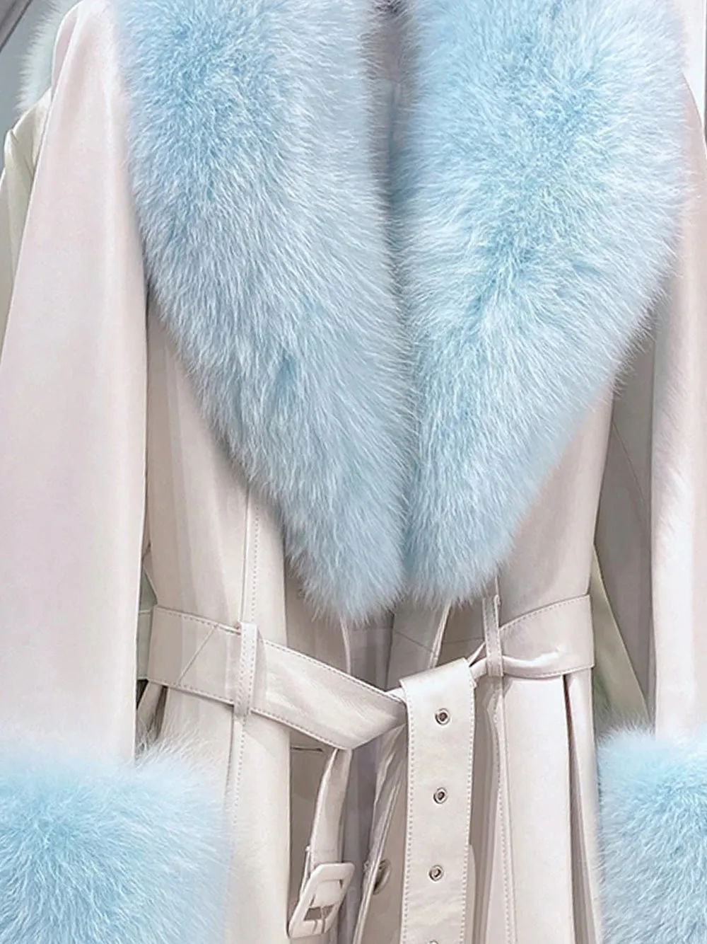 Faux Fur Genuine Leather Coat in White & Blue