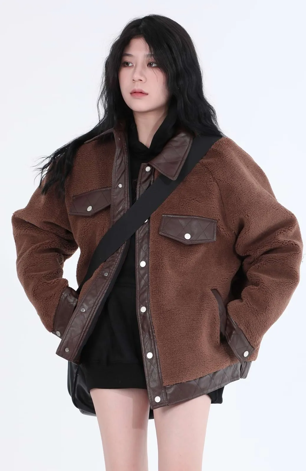 Faux Leather Trim Oversized Button Jacket