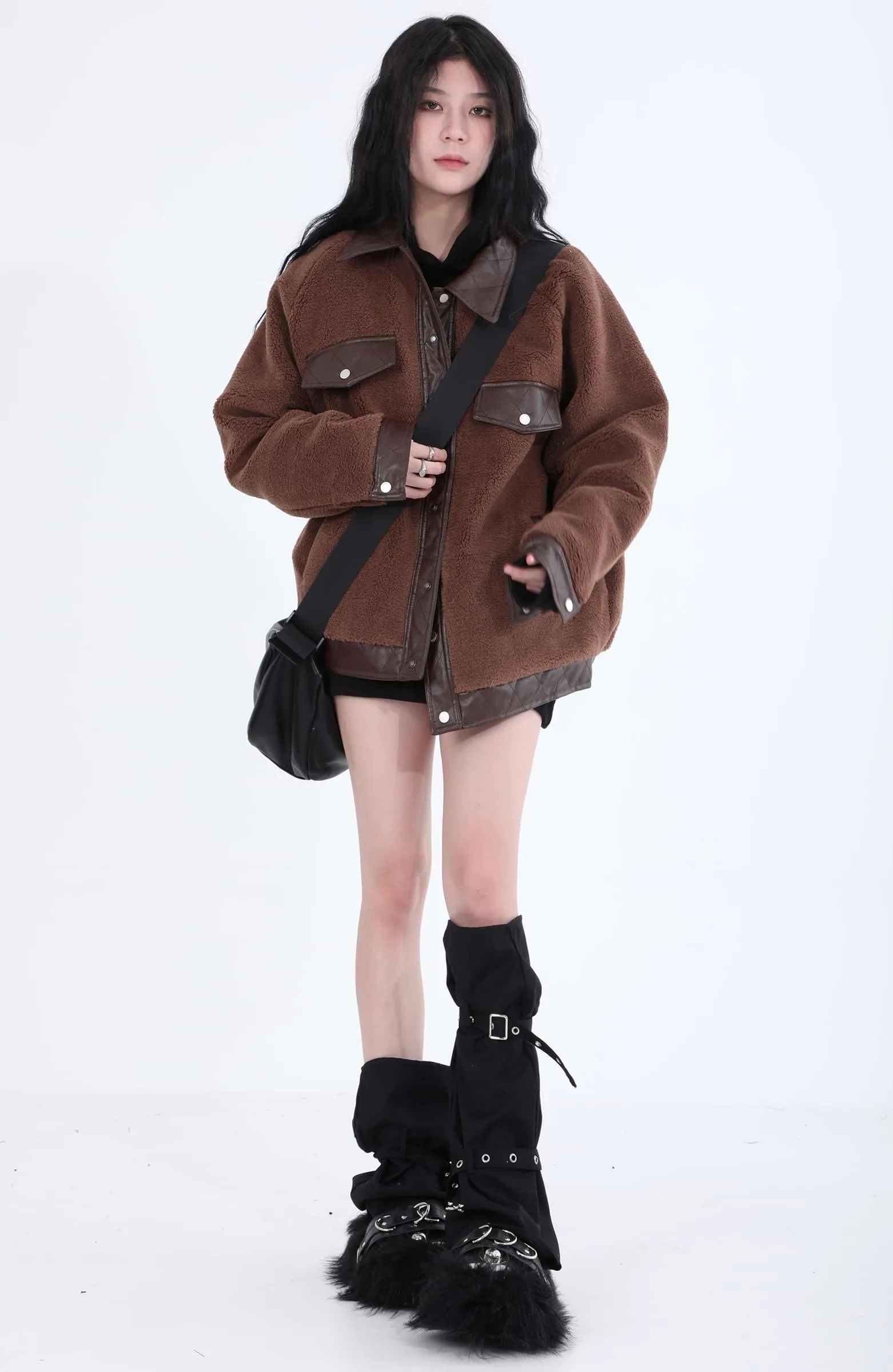 Faux Leather Trim Oversized Button Jacket