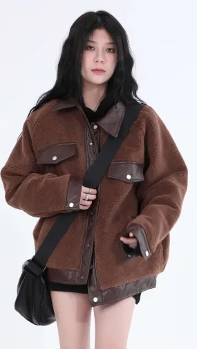 Faux Leather Trim Oversized Button Jacket