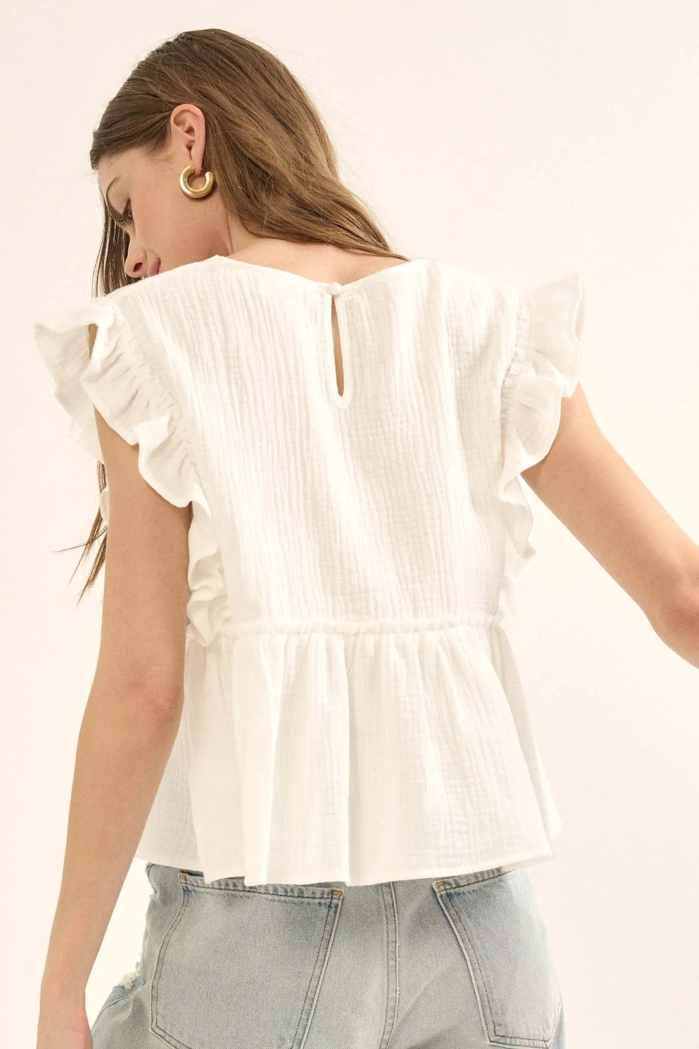 Flirty Flutter Ruffled Crinkle Cotton Babydoll Top