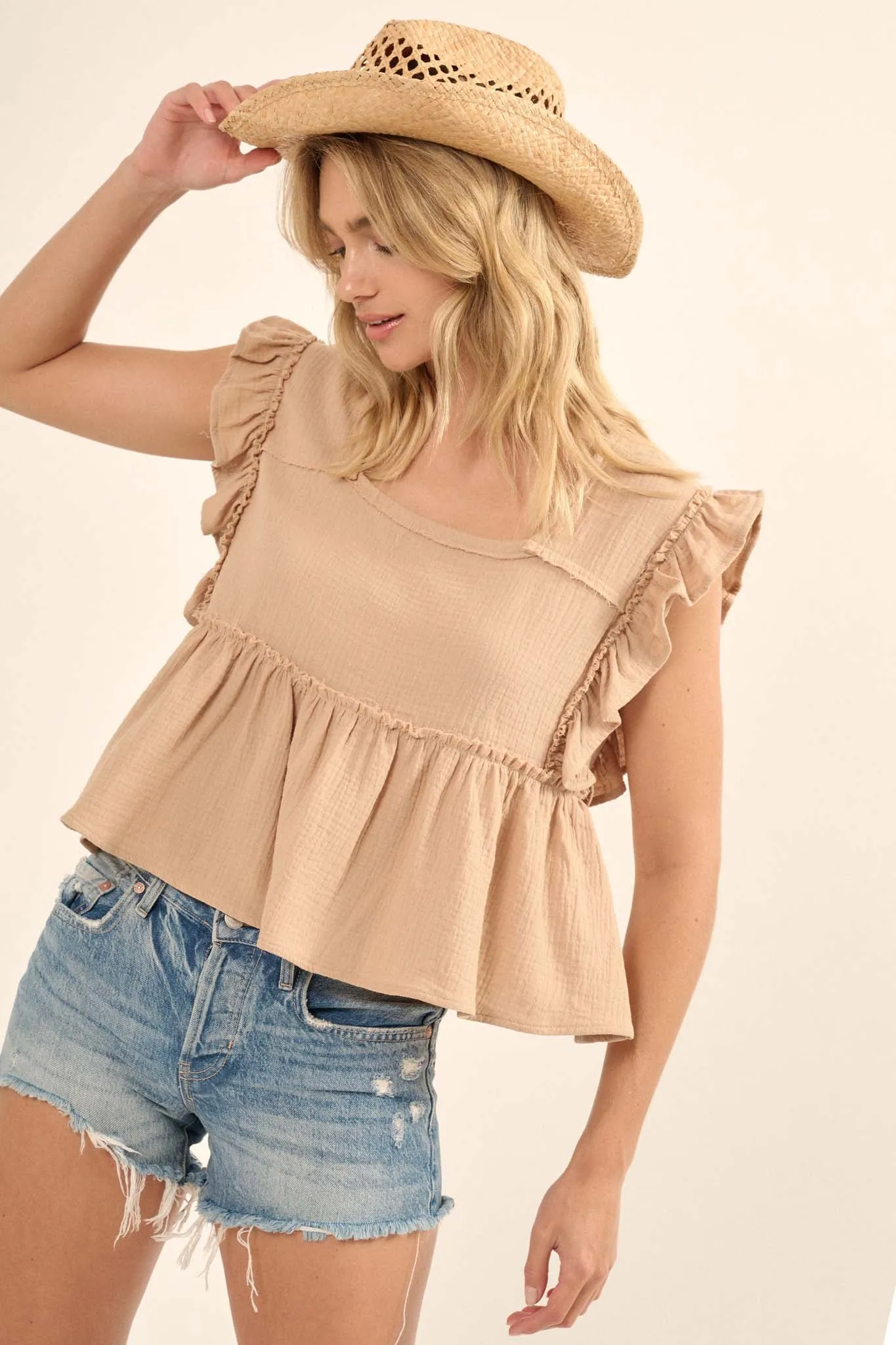 Flirty Flutter Ruffled Crinkle Cotton Babydoll Top