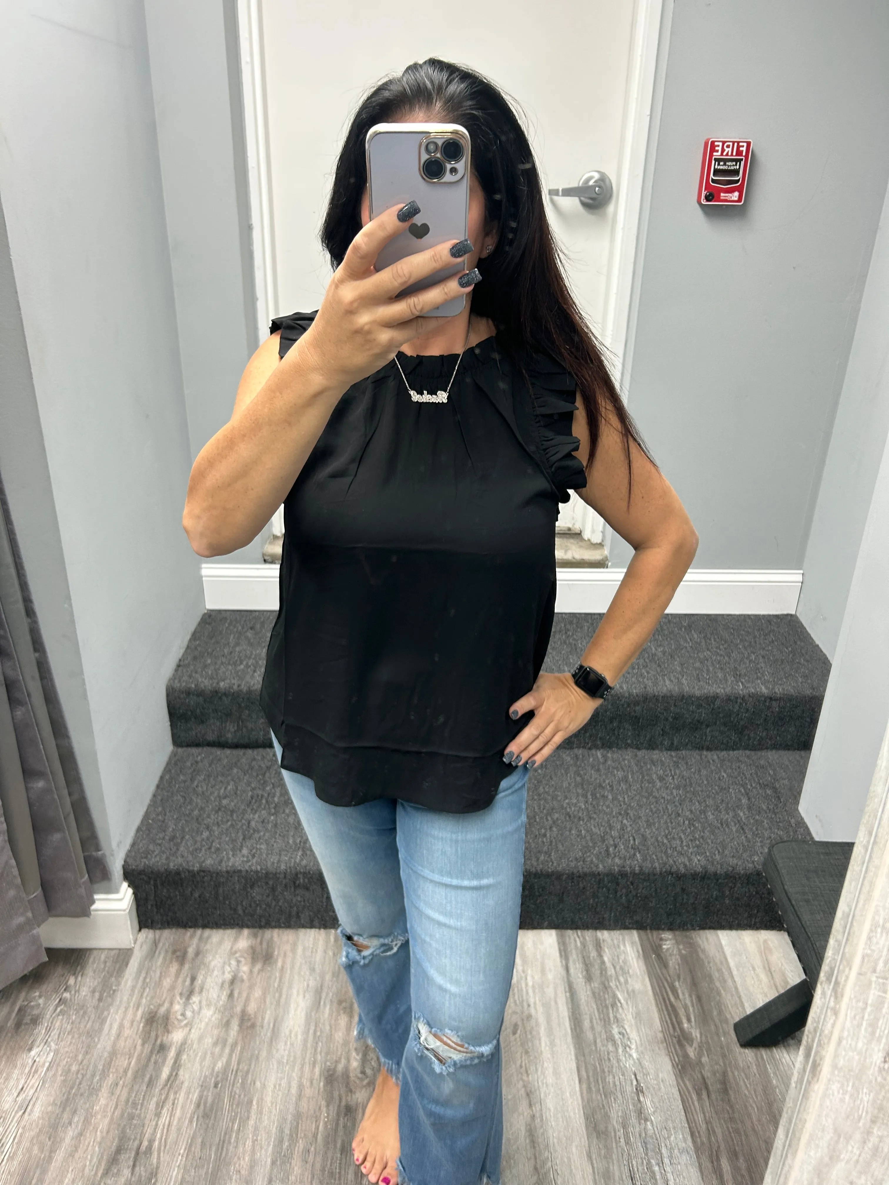 FOLDED RUFFLE SLEEVELESS WOVEN TOP - BLACK