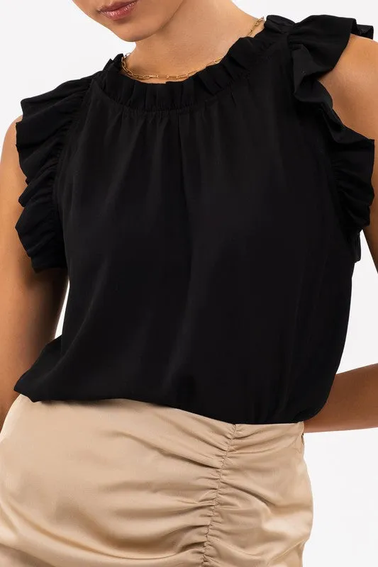 FOLDED RUFFLE SLEEVELESS WOVEN TOP - BLACK