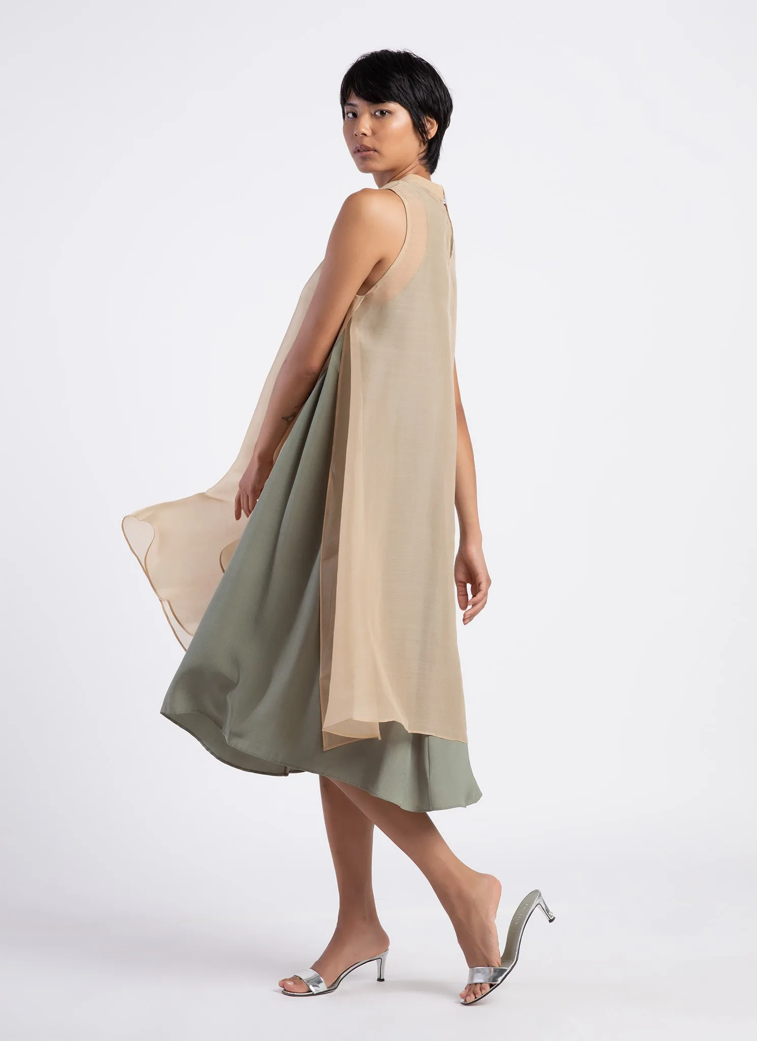 Glass Overlap Side Slit Organza Silk Dress - Cream