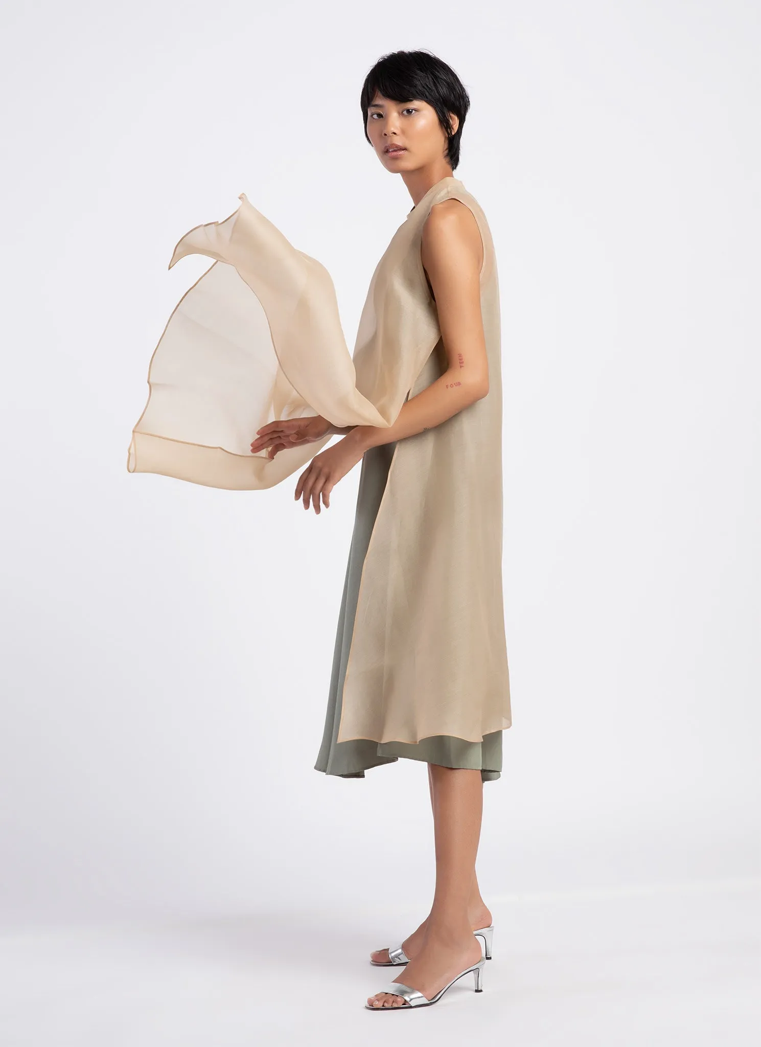 Glass Overlap Side Slit Organza Silk Dress - Cream