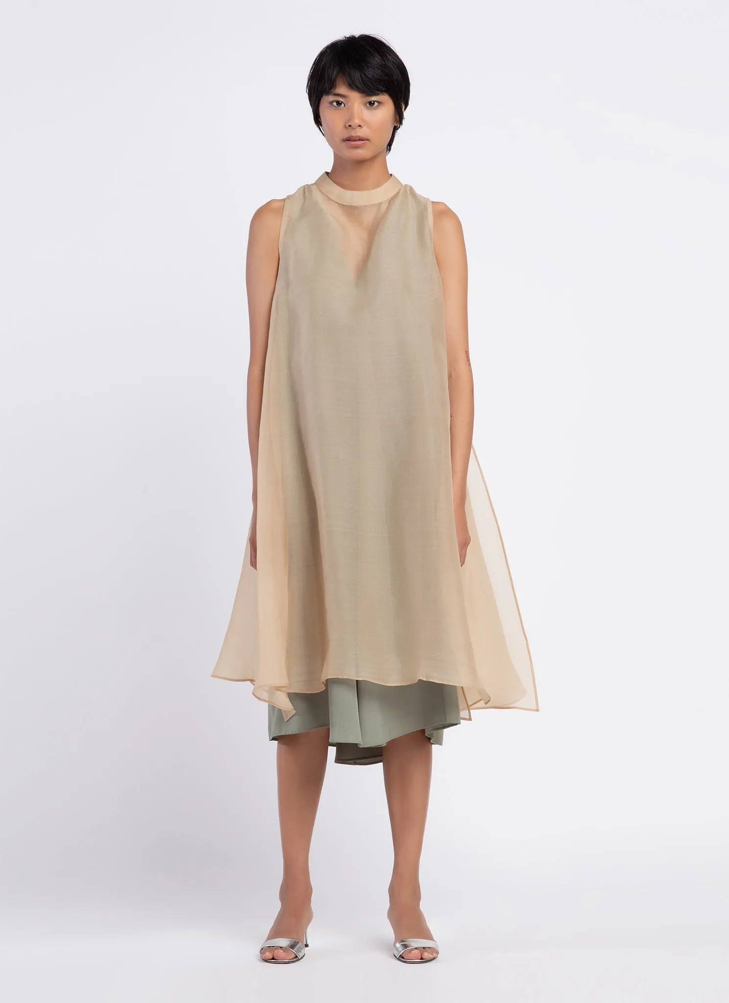 Glass Overlap Side Slit Organza Silk Dress - Cream