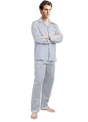 GLOBAL MEN'S STRIPE PRINT PLUS-SIZE SLEEPWEAR 100% COTTON PAJAMAS SET, BLUE (XX-LARGE)