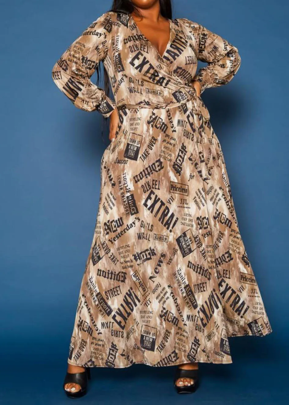 HI Curvy Plus Size Center Of Attention Newsprint Fit & Flare Maxi Dress