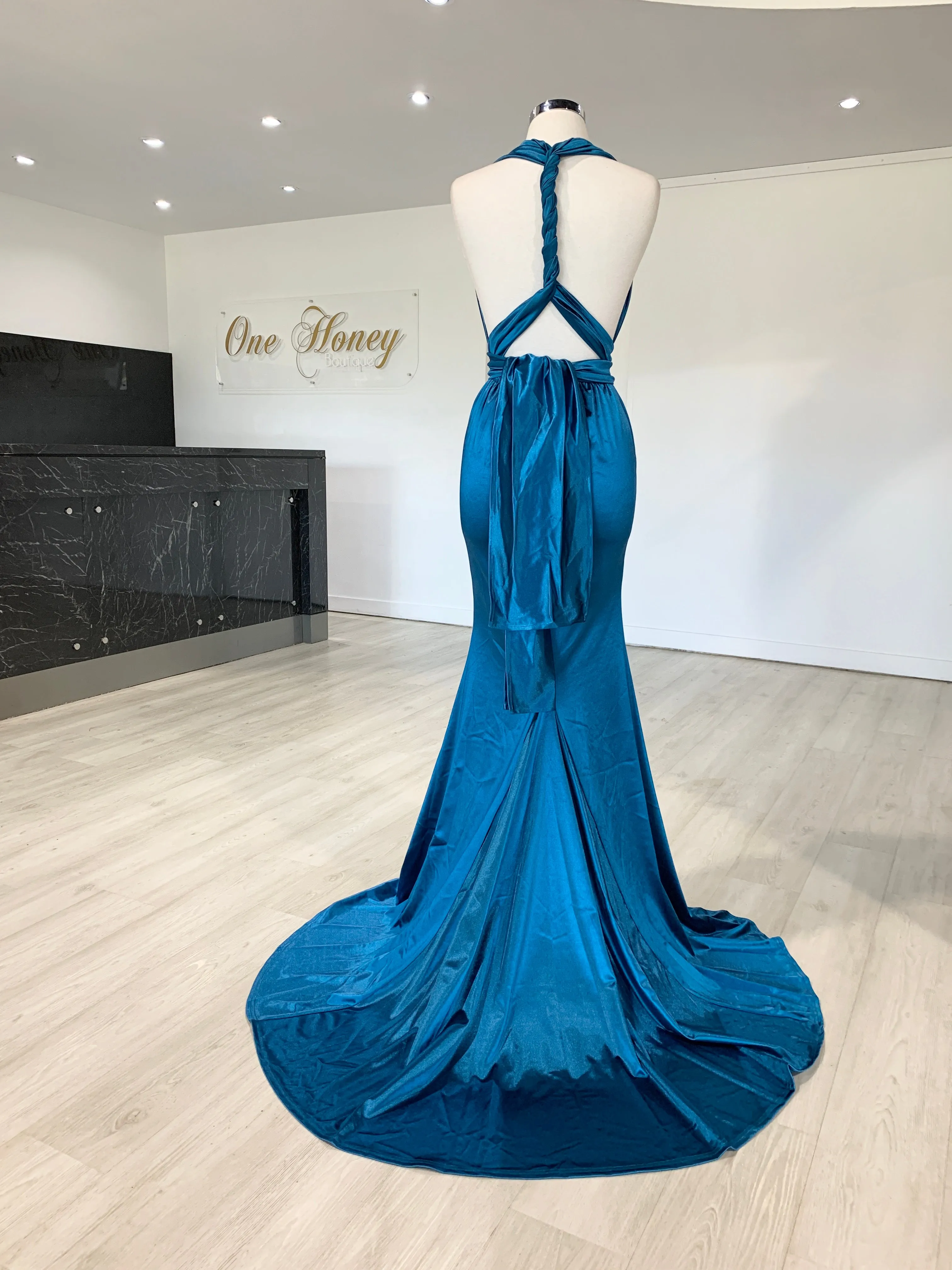 Honey Couture BLOSSUM Blue Multi Tie Evening Gown Dress