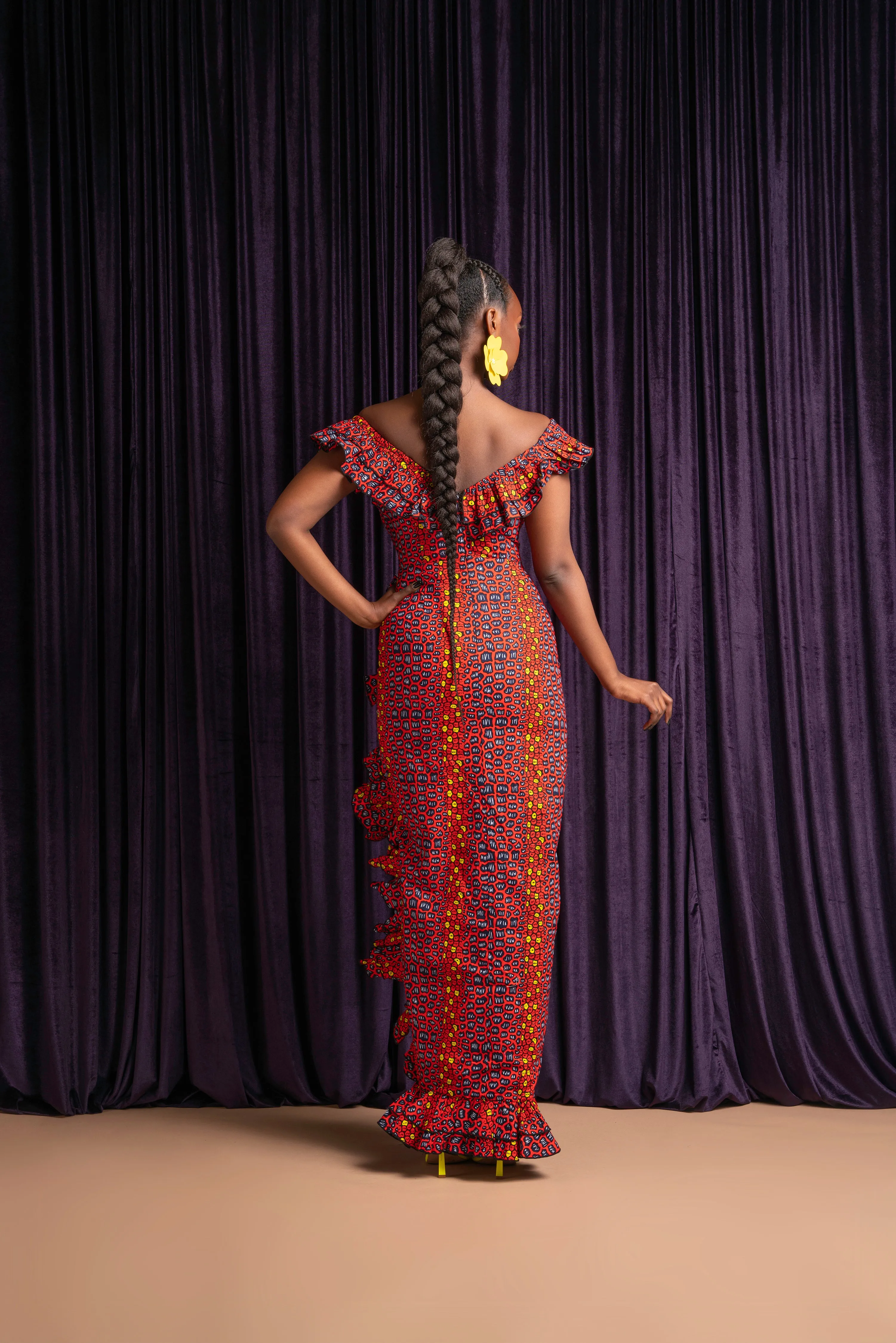 JEMIMA Off shoulder Ruffle African Print Maxi Dress