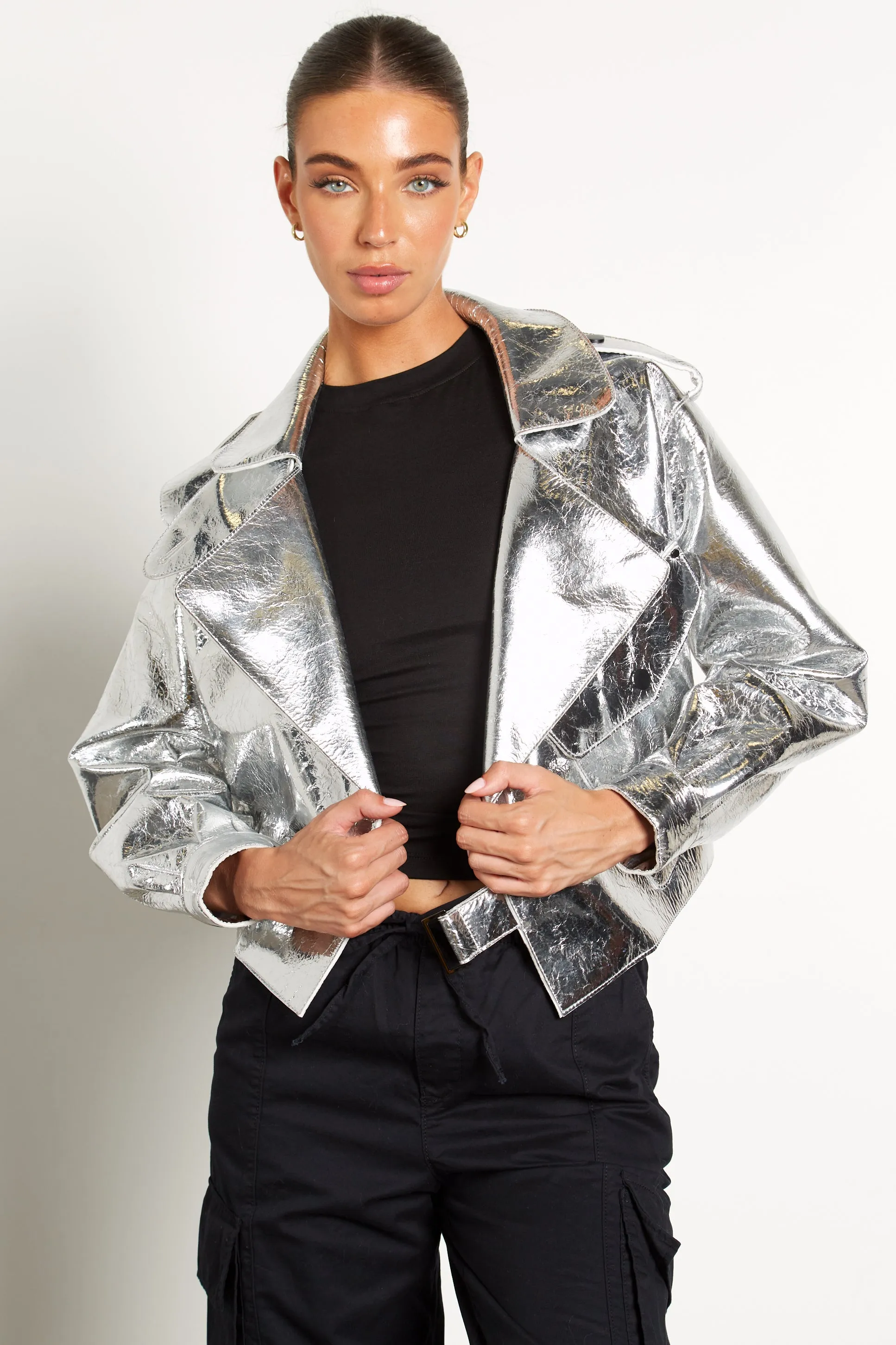 Kara Oversized Metallic Leather Jacket