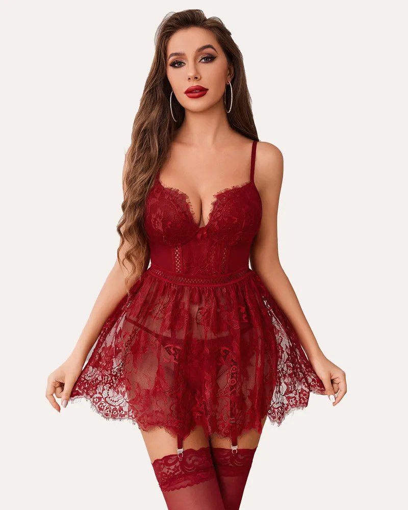 Lace Print Babydoll Slip Dress with Garter Belt