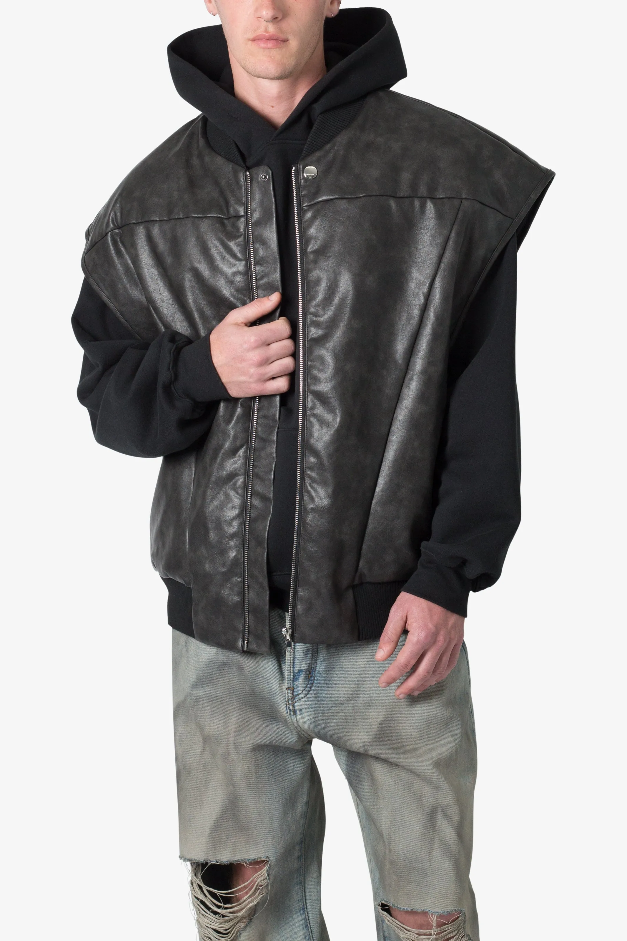 Leather Bomber Vest - Black