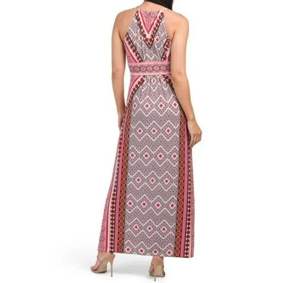 London Times Women's Zig Zag Medallion Printed Keyhole Halter Morris Maxi Dress