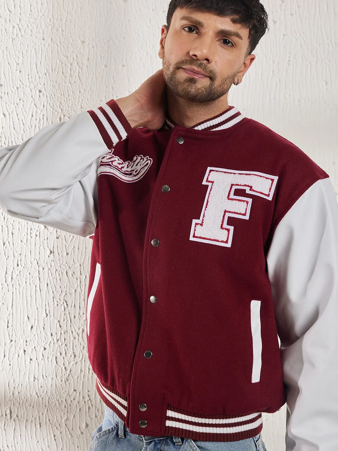 Maroon Woollen Faux Leather Sleeves Letterman Varsity Jacket