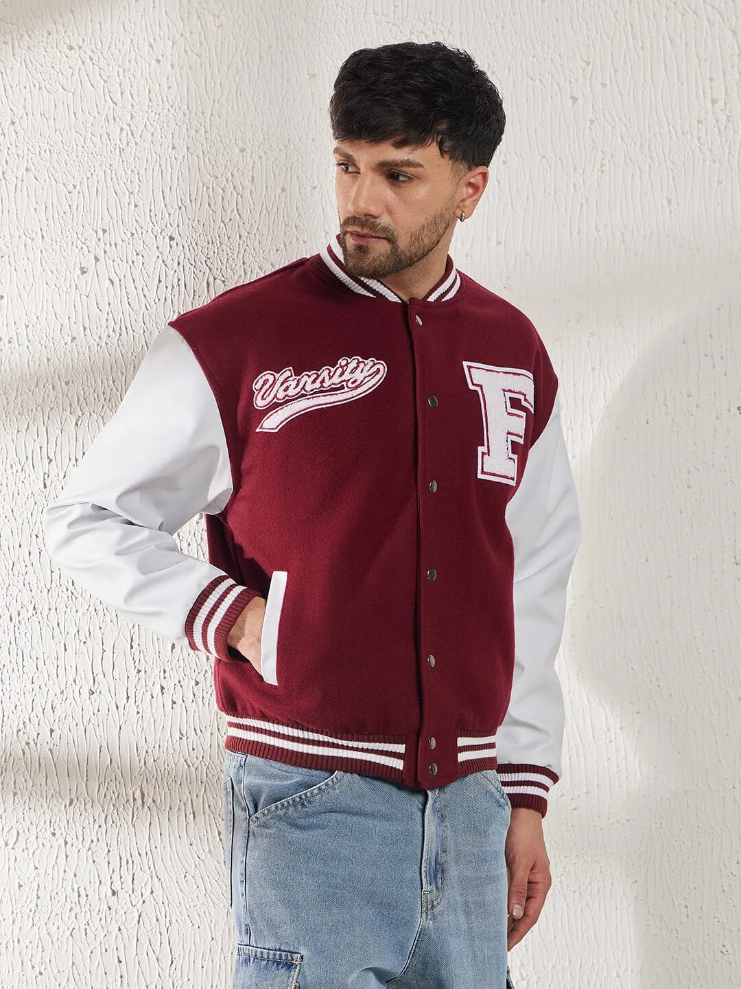 Maroon Woollen Faux Leather Sleeves Letterman Varsity Jacket