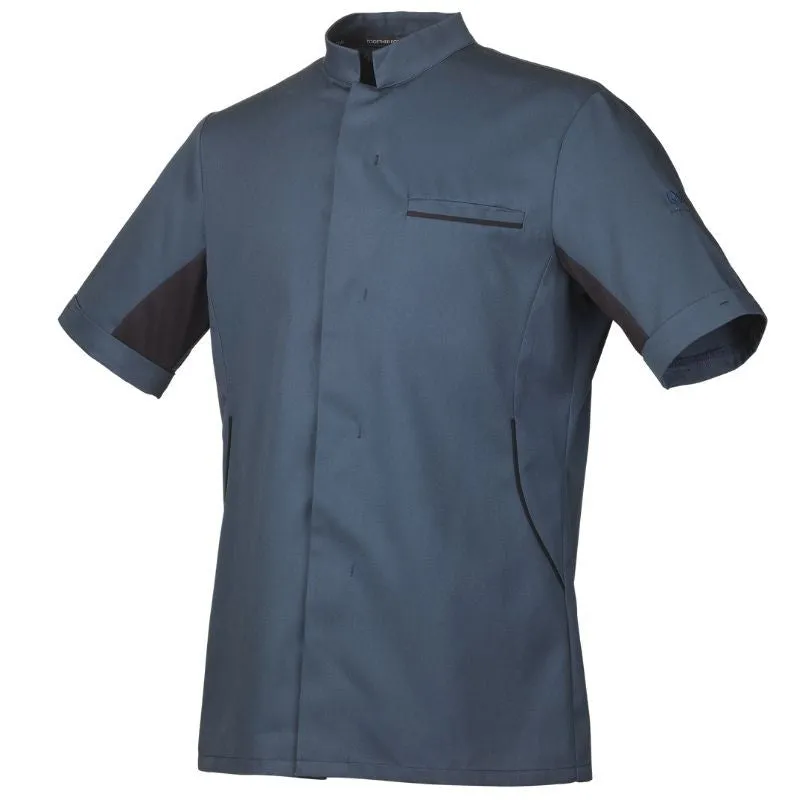 Men's Ocean Blue Short Sleeve Kitchen Coat with Black Piping - ROBUR