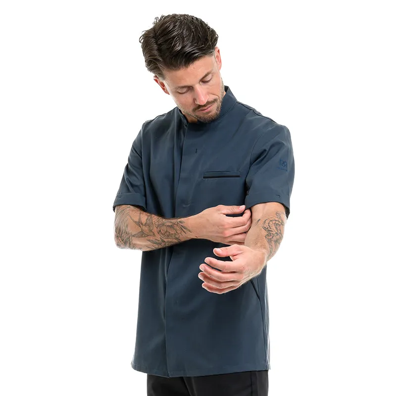 Men's Ocean Blue Short Sleeve Kitchen Coat with Black Piping - ROBUR