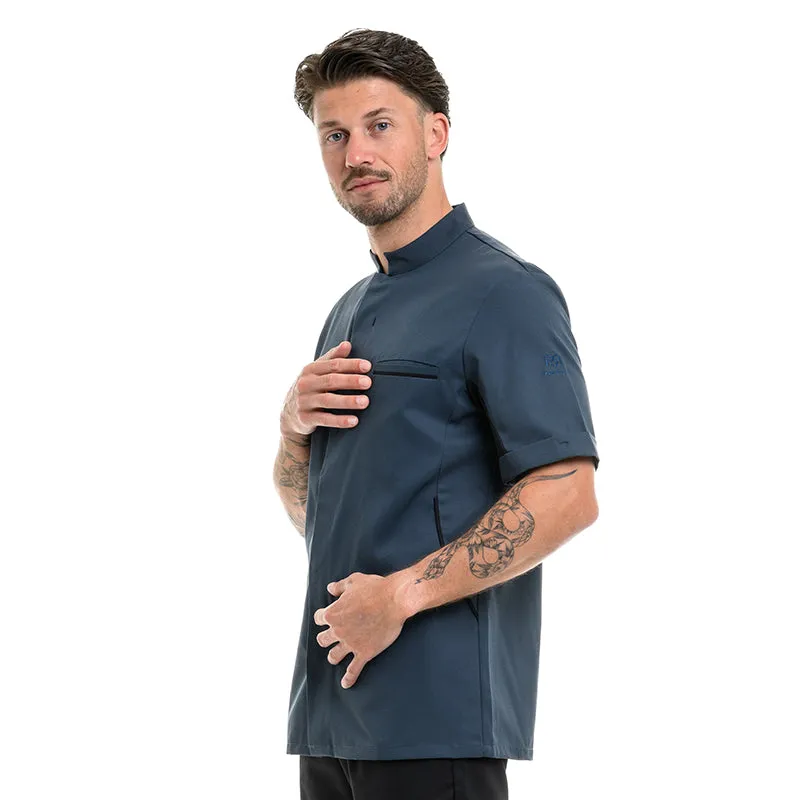 Men's Ocean Blue Short Sleeve Kitchen Coat with Black Piping - ROBUR