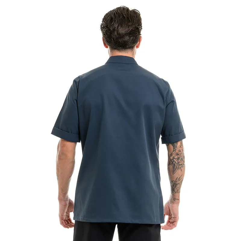 Men's Ocean Blue Short Sleeve Kitchen Coat with Black Piping - ROBUR