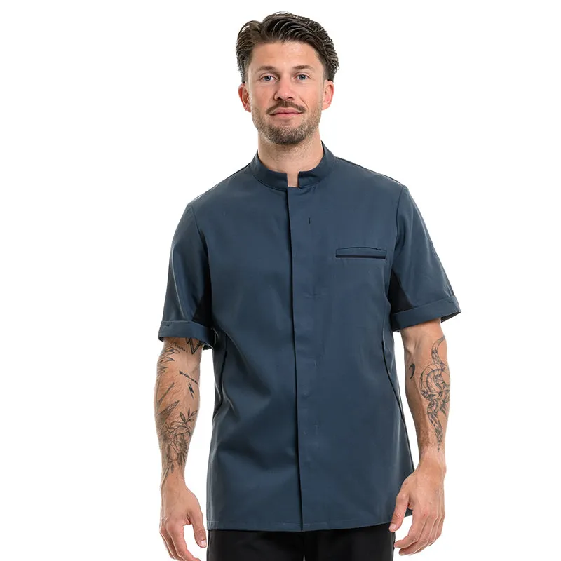 Men's Ocean Blue Short Sleeve Kitchen Coat with Black Piping - ROBUR