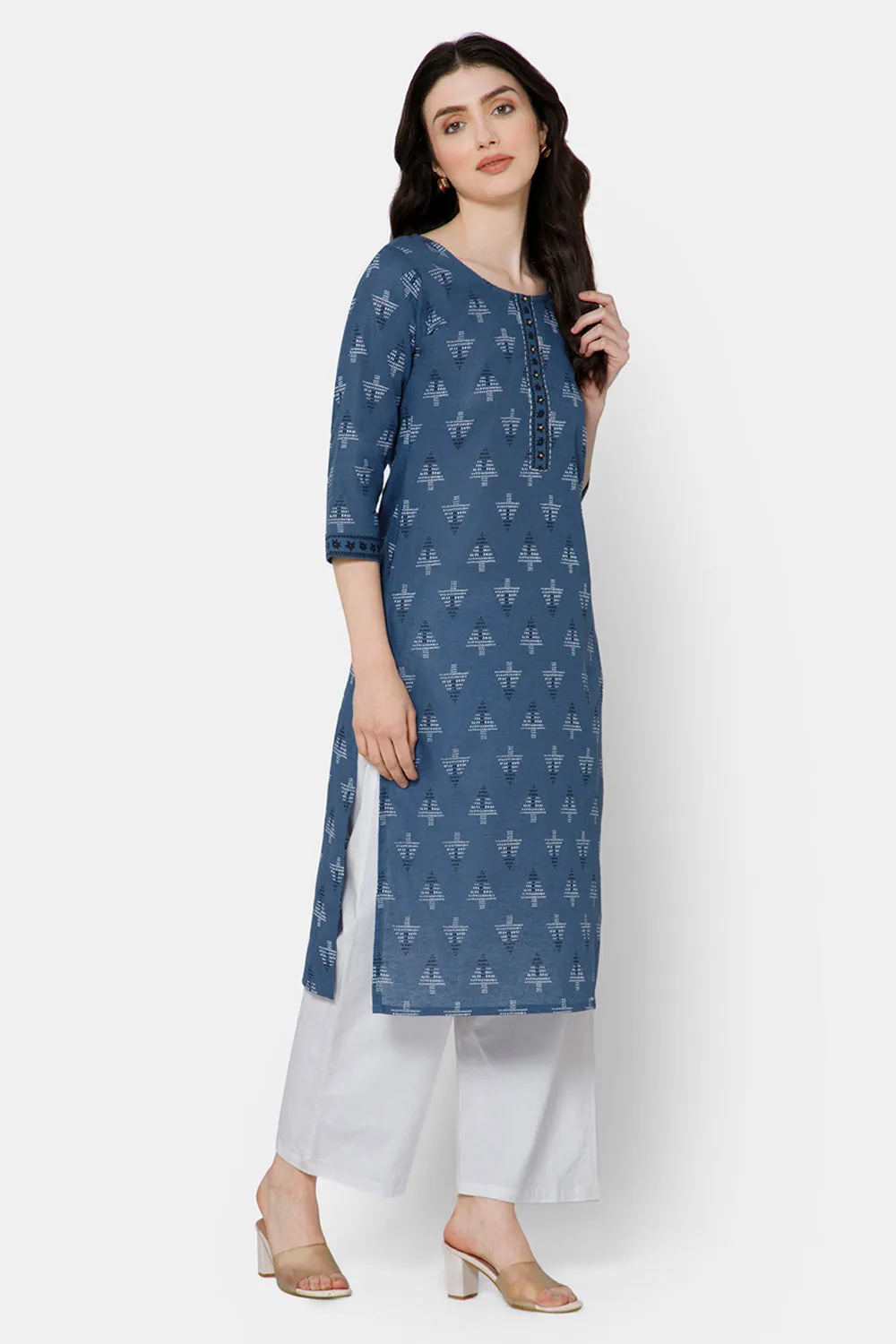 Mythri Women's Casual Kurthi with Patchwork And Minimalistic Embroidery - Blue - E028