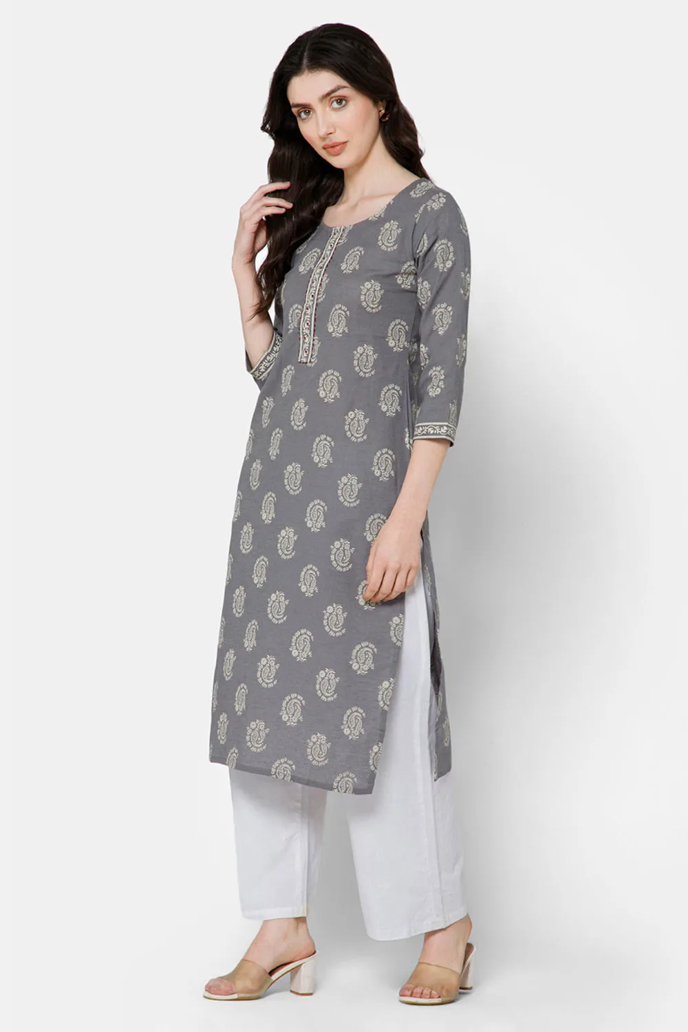 Mythri Women's Casual Kurthi with Patchwork And Minimalistic Embroidery - Grey - E032